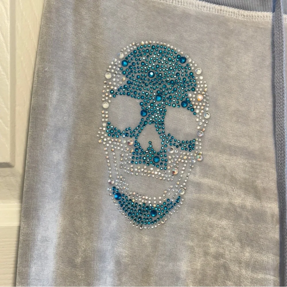 Philipp Plein Gray Velour Pants with Teal Crystal Skull Logo, Size S
